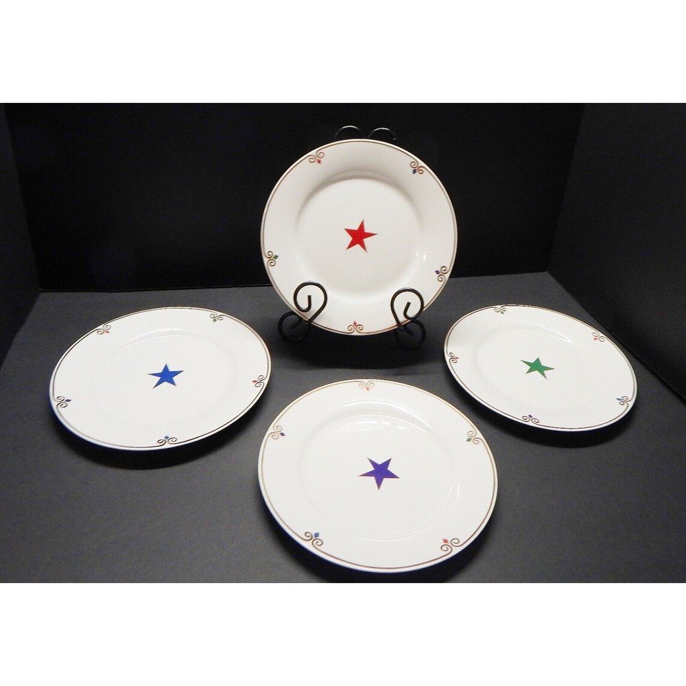 Pier 1 Imports Celebration Salad Plate Red Blue Green Purple Stars Set of 4